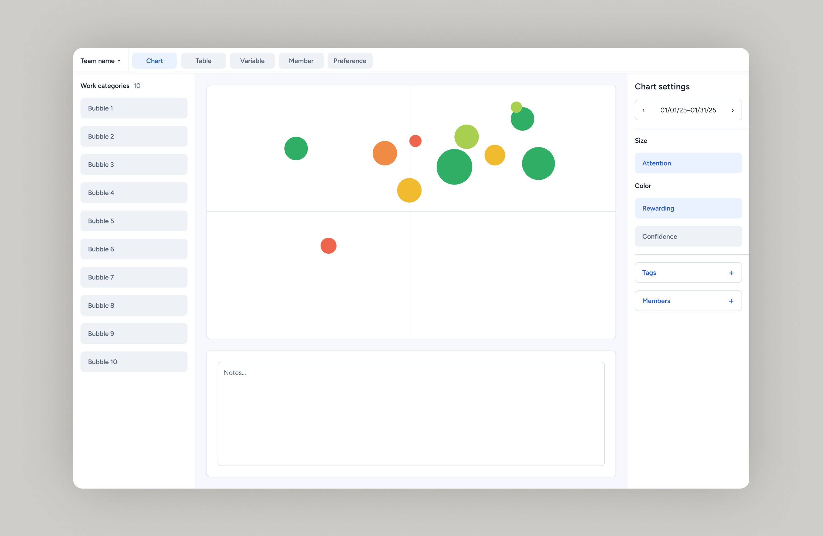 11fold team reflection tool with a colorful bubble chart in a clean workspace