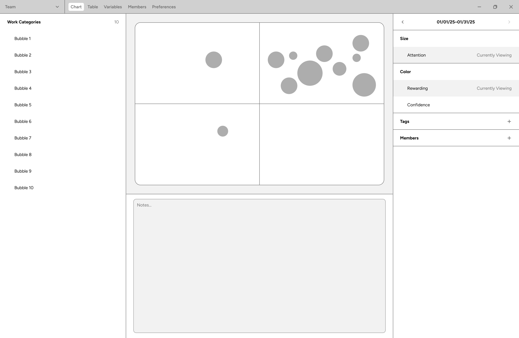 Lo-fi: chart review places work categories on the left and chart controls on the right.