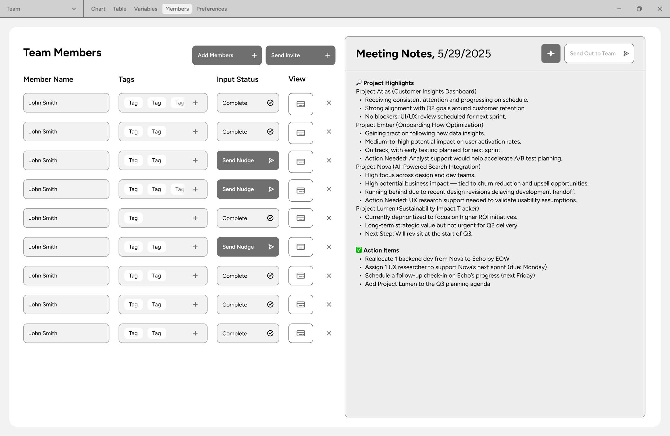 Lo-fi: member management pairs input status and follow-up controls with meeting notes.