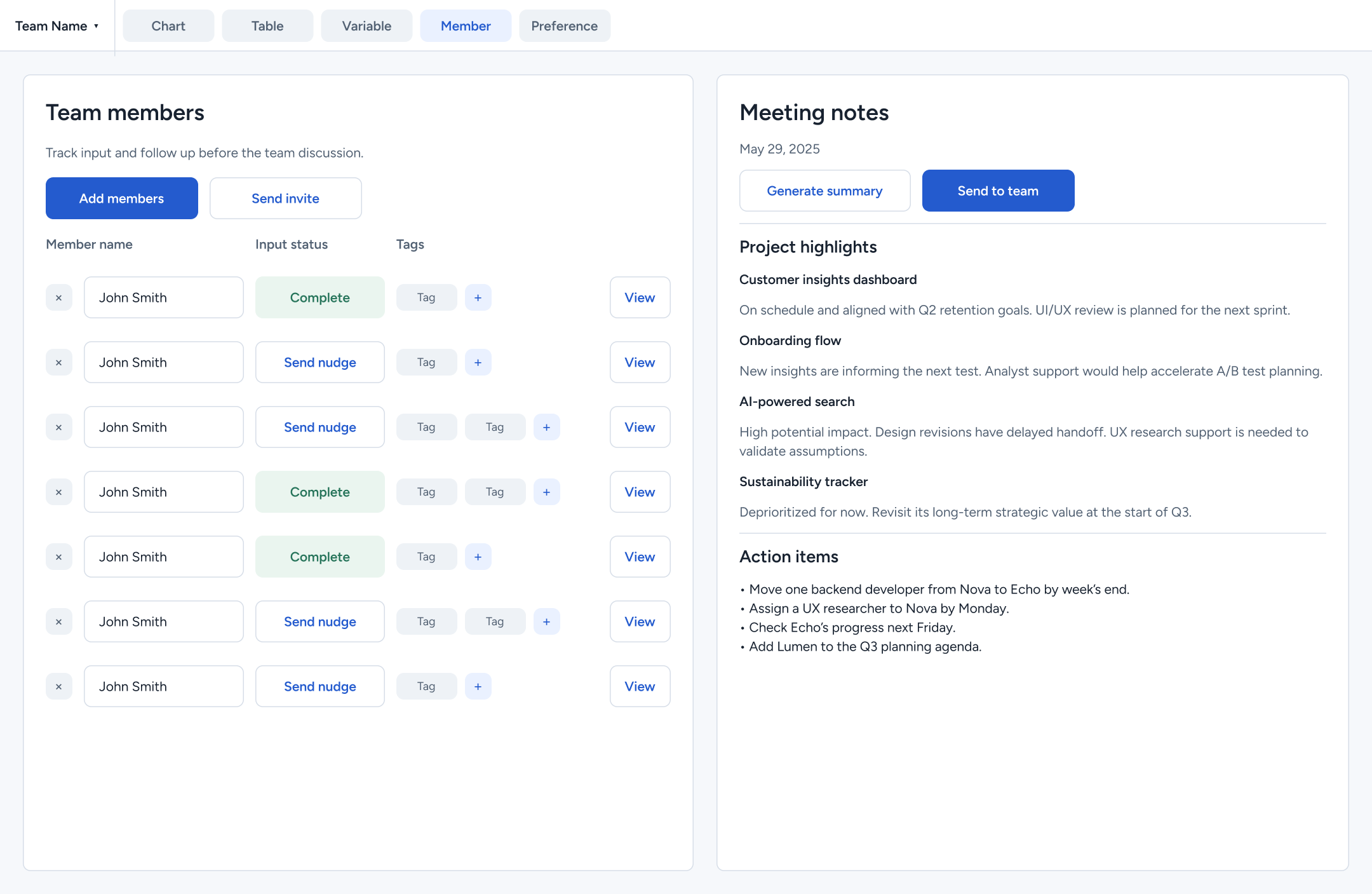 Facilitator workspace showing member input status, follow-up controls, and meeting notes.