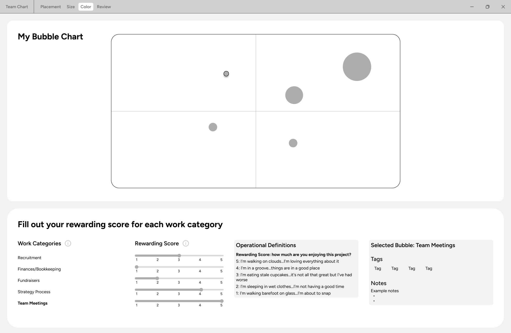 Lo-fi: color input pairs a chart preview with rating sliders and definitions below.