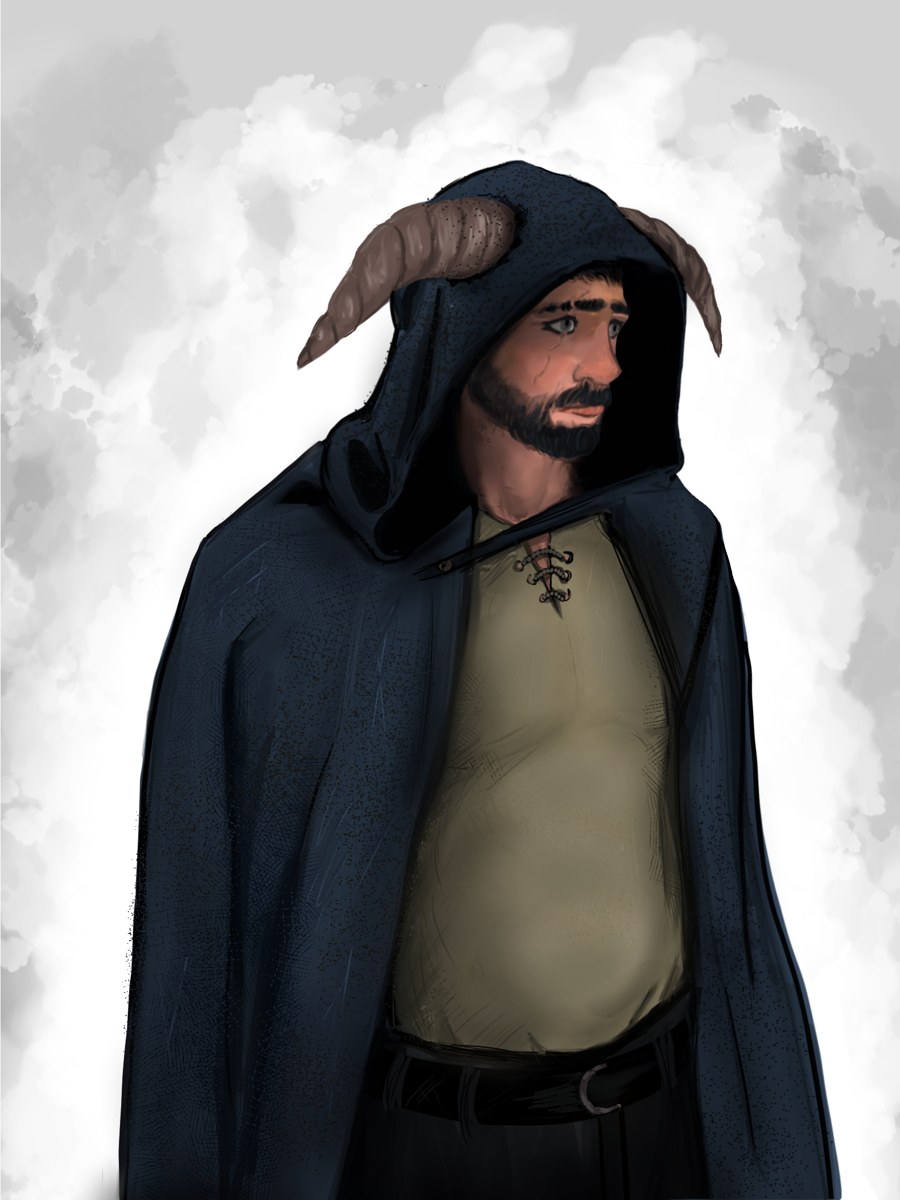 Painted portrait of a hooded fantasy character with horns