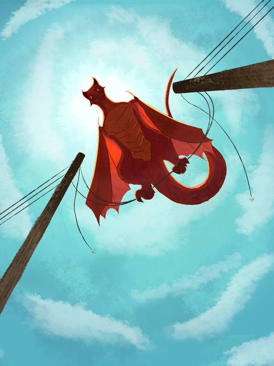 Illustration of a red dragon flying beneath a turquoise sky