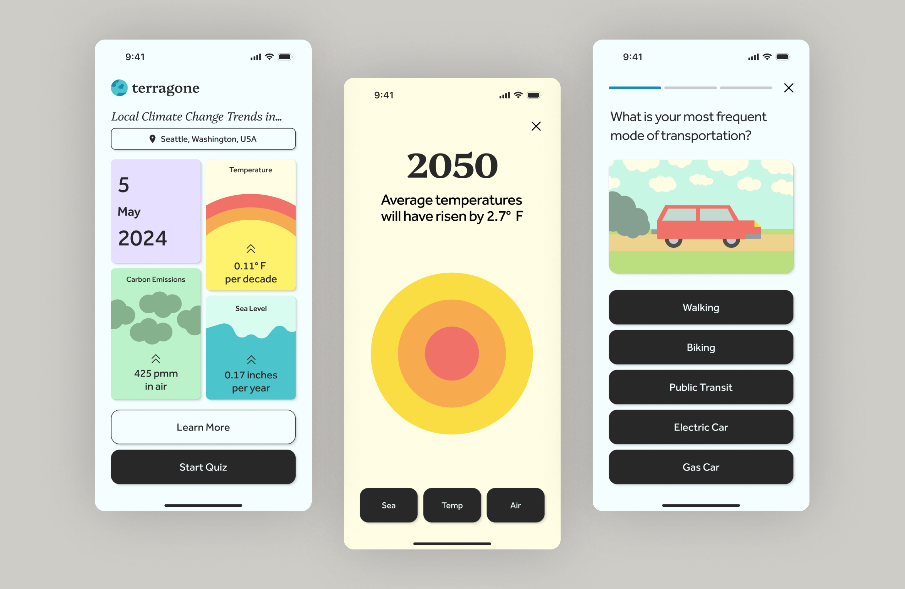 Terragone dashboard, temperature visualization, and transportation questionnaire